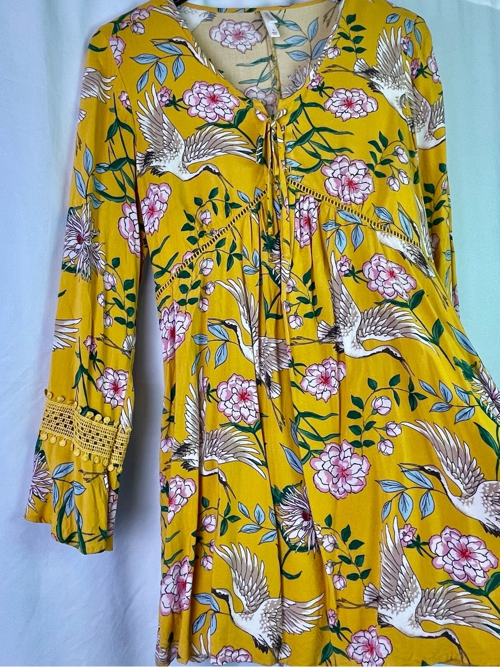 Xhilaration Yellow Boho Mini Dress with Pink Flowers & Cranes Size Small - Picture 2 of 15